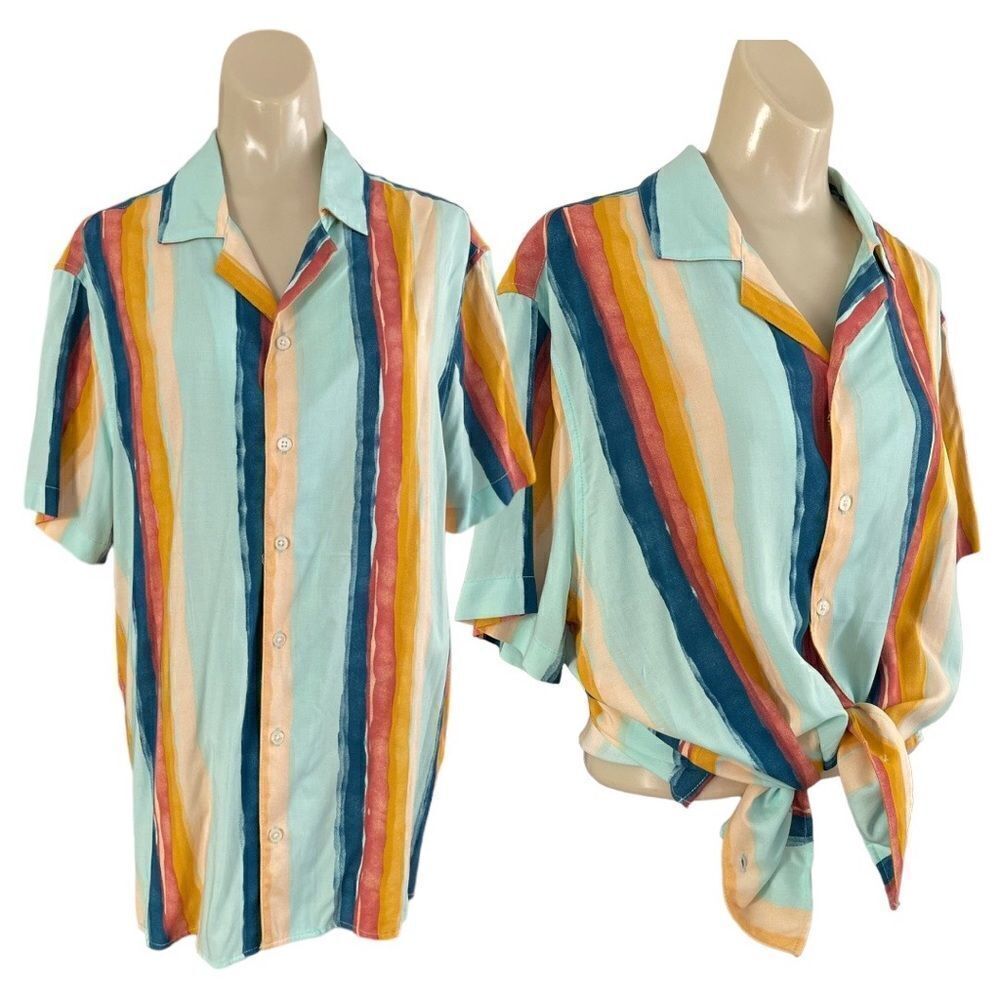 Original Use Paint Stripe Rayon Button Up Short Sleeve Unisex Men’s Shirt